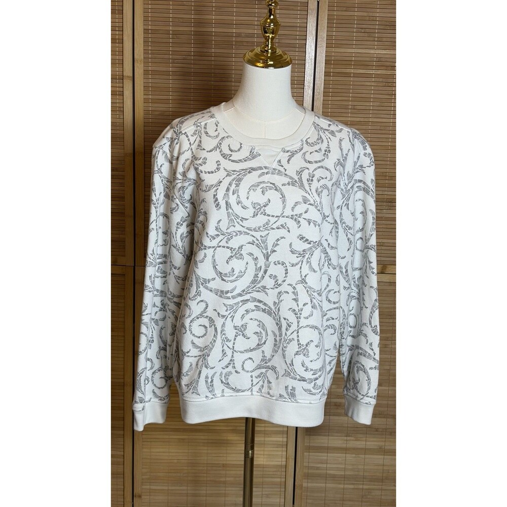 Karen Scott Sport Women’s L White/Gray Scroll Crewneck Sweatshirt Coastal